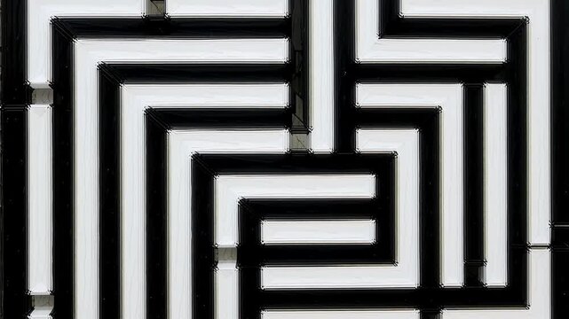Intriguing black and white maze pattern creating a dynamic optical illusion, perfect for modern designs and abstract backgrounds, evoking focus and complexity