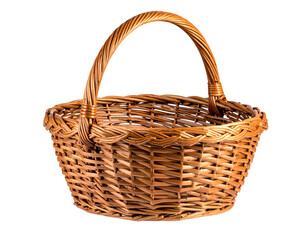 Woven basket with curved handle isolated on transparent background