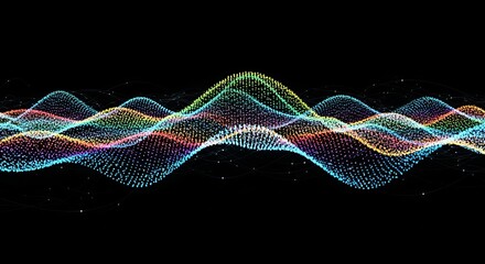 A visual representation of sound waves with multicolored dots against a black background design art