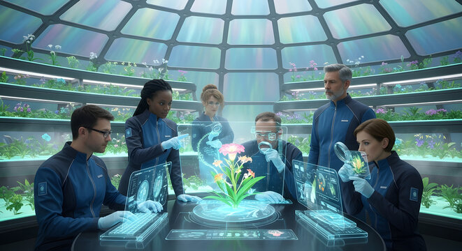 Scientists Examining Futuristic Plant Life in a Greenhouse - Powered by Adobe