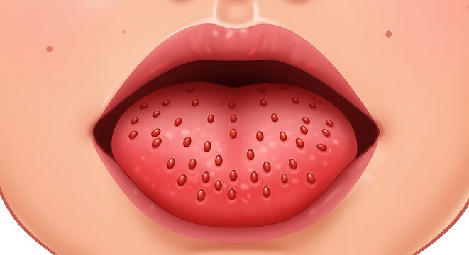 Illustration of a strawberry tongue symptom related to diseases and medical conditions