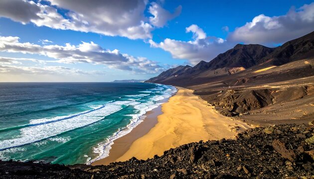 Breathtaking panoramic view of a long sandy beach, clear turquoise water, and majestic mountain range. Dramatic cloudscape overhead