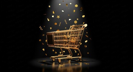 A striking golden shopping cart stands in a spotlight against a dark background, with colorful confetti cascading around. Perfect for promoting Black Friday sales and discounts