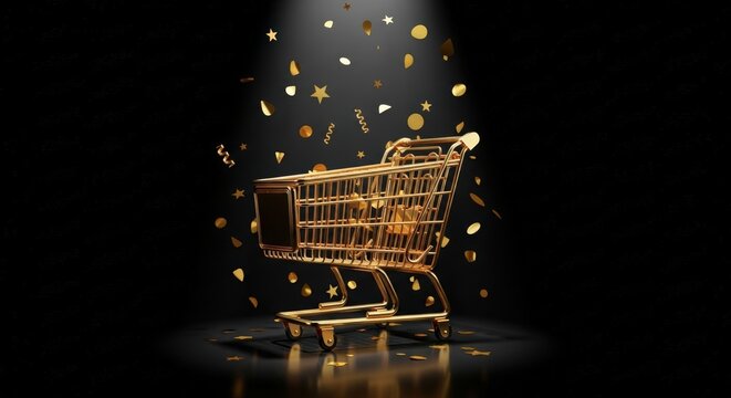 A striking golden shopping cart stands in a spotlight against a dark background, with colorful confetti cascading around. Perfect for promoting Black Friday sales and discounts
