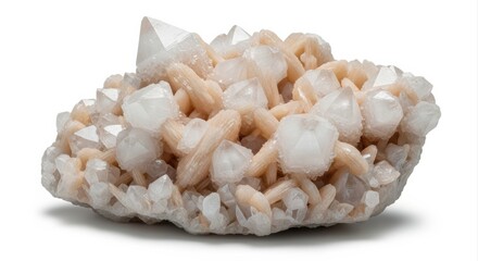Delicate Cluster of Sparkling White Apophyllite and Peach Stilbite Crystals, Intricate Formation, Soft Diffused Studio Light, Serene, Isolated on Pure White Background