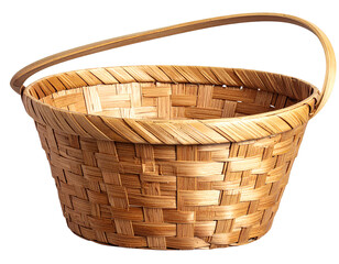 Woven basket with curved handle isolated on transparent background
