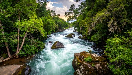 Lush green forest surrounds a rushing river with white water rapids under a cloudy sky