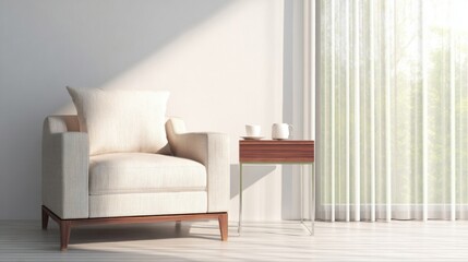 A modern indoor scene features a beige fabric armchair and a small nightstand placed on light flooring near a window wit