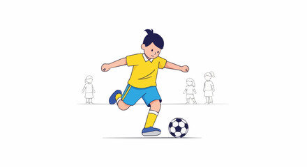Obraz premium Vibrant illustration of a determined young boy skillfully kicking a soccer ball, embodying the spirit of youth sports, teamwork, and healthy outdoor activity