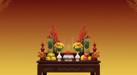 Vietnam ancestor altar December banner background, offerings on glowing gradient 