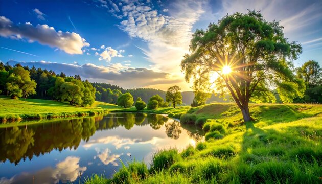 Breathtaking vista of a sunlit landscape. A serene body of water reflects the vibrant sky, lush green trees, and rolling hills
