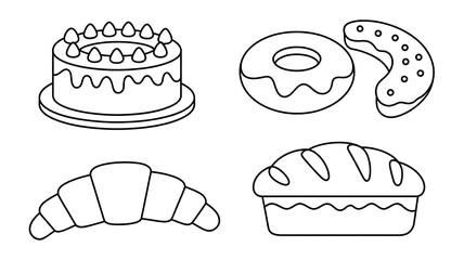 Outline drawing of cake, donut, eclair, croissant, and bread isolated on white background