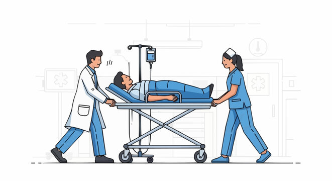 Medical professionals transport patient on a gurney in a hospital setting, illustration
