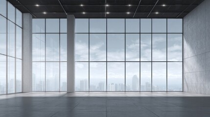 A spacious modern room with large glass windows showcasing a city skyline under cloudy skies,