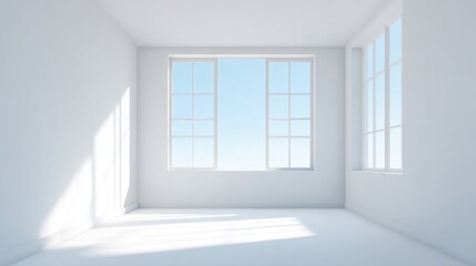 Bright white minimalist interior with large windows flooding natural light,