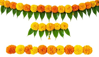 Festive Marigold Garland Decorations on White Background