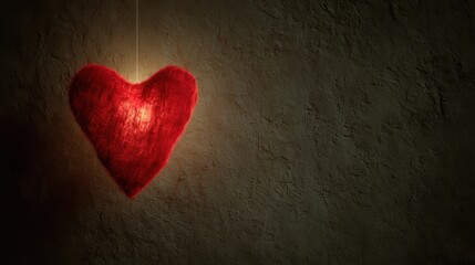 A red heart-shaped object floats in midair against a rough textured background,