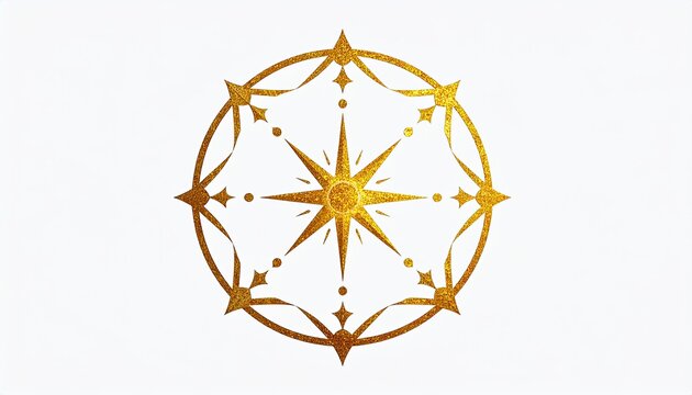Golden starburst design on white. Symmetrical, ornamental, celestial. Shiny, elegant