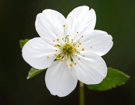 Close-up of a pristine white flower with yellow stamens against a blurred dark background