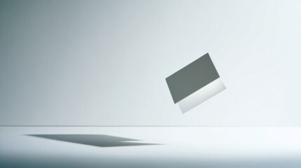 A minimalist scene featuring a tilted floating rectangular object in pale gray with subtle gradient,