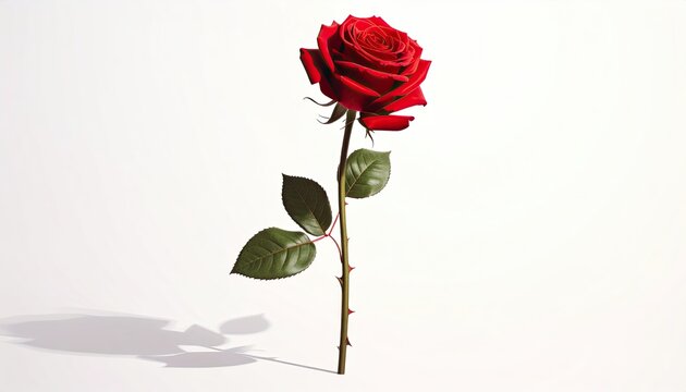 A single, vibrant red rose in full bloom with green leaves on a white background