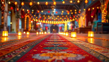 Festive Hallway Lit by Candles and Lanterns for Celebration