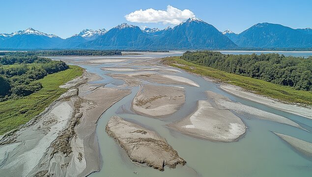 Braided river flows beneath snow-capped mountains