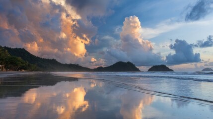 Serene beach sunset with wet sandy shore reflecting vibrant orange, pink, and purple sky, calm ocean waves,