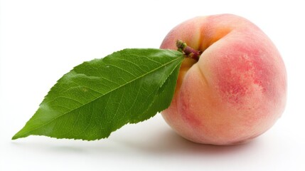 A fresh peach with vibrant green leaves sits against a clean white backdrop, showcasing natural beauty and simplicity.