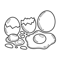 Broken Eggshells and Egg Yolks Coloring Page for Kids, Breakfast Food Illustration, Printable Egg Scene