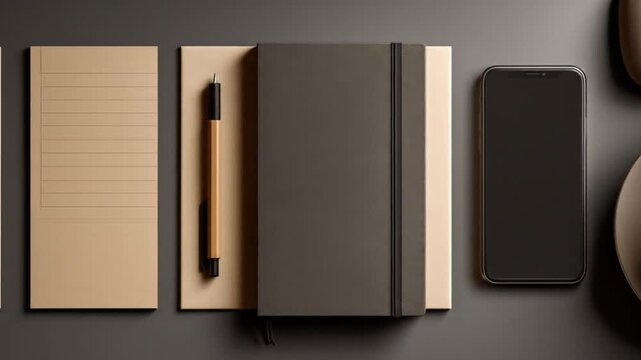 Notebook smartphone and coffee on a dark desktop overhead shot