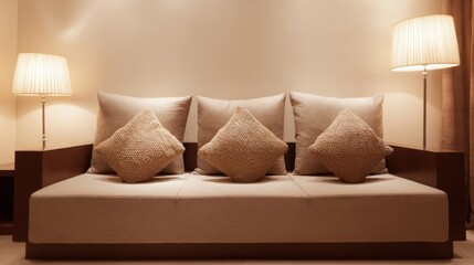 A modern minimalist room features a beige couch with clean lines, flanked by floor lamps emitting warm light,