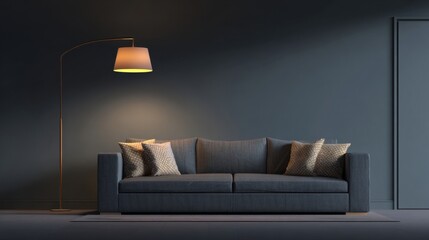 A modern dark sofa with plush cushions stands against a sleek wall,