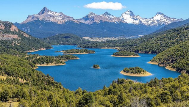 Blue lake reflects snowy peaks; lush green forests surround - Powered by Adobe