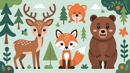Fototapeta premium Cute forest animals, deer, bear, fox, beaver isolated on white background