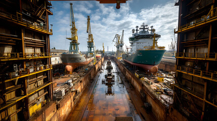 Fototapeta premium Ultra realistic editorial photograph of a shipbuilding facility showcasing multiple ships under construction in daylight
