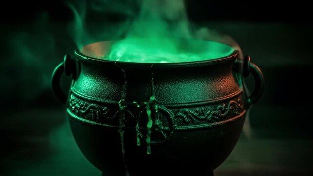 Witches cauldron bubbling green potion