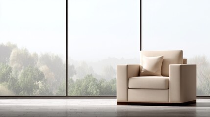 A beige armchair with a matching throw pillow faces a snowy forest landscape from a modern home, cozy winter scene,