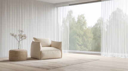 A serene minimalist interior with a beige armchair on a light rug,