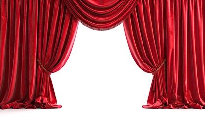 Dramatic crimson curtains draped on both sides, revealing an open bright area