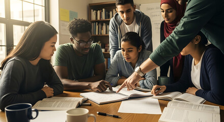 Diverse University Students Studying Together in Library Collaborative Learning