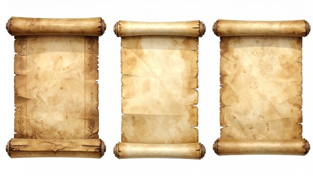 Three aged parchment scrolls unrolled, displaying textured paper