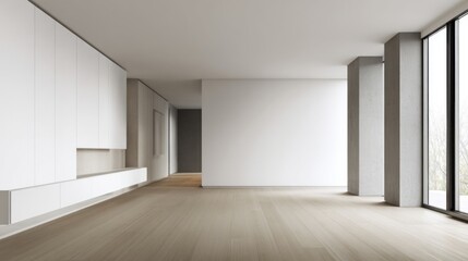 Obraz premium A modern indoor lounge with white cabinets and built-in wall storage,