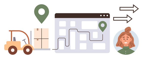 Forklift carrying goods, map with route and location markers, customer portrait, and direction arrows. Ideal for delivery systems, shipment, navigation, tracking, logistics e-commerce supply chain