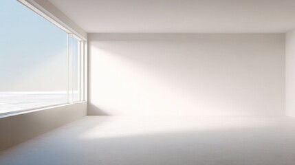 A minimalist interior space with large windows, natural light illuminating white walls and floors,