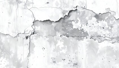 Weathered wall with peeling paint and large cracks, in a grayscale color palette