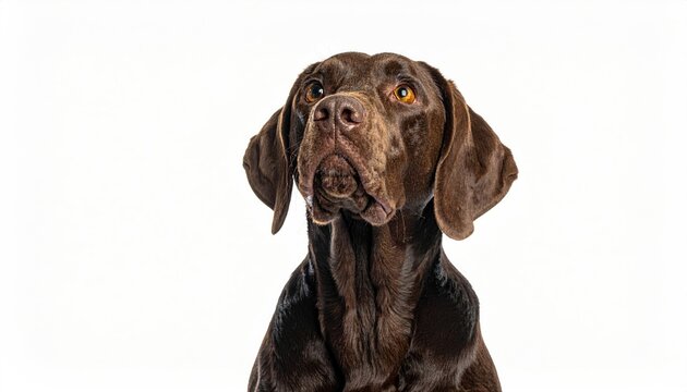 A brown dog looking upwards, with soulful eyes and a clear white background - Powered by Adobe