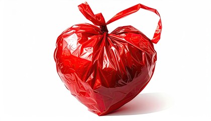 A red plastic bag tied at the top to resemble a heart shape against a white backdrop