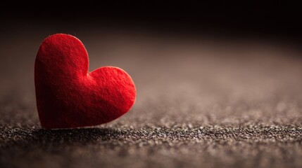 Fototapeta premium A red felt heart rests on a textured rough surface, possibly fabric or paper,
