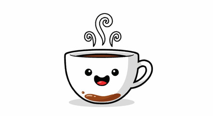 Obraz premium Adorable cartoon coffee cup with happy face and steam, perfect for cheerful designs, menus, and delightful branding, bringing joy to coffee lovers